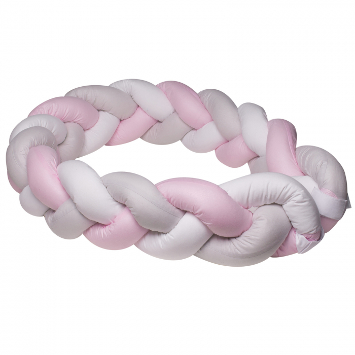 Aparatoare laterala pat Bumper impletit, Cu inchidere velcro, Bumbac Alb - Gri - Roz, 340X21 cm [2]