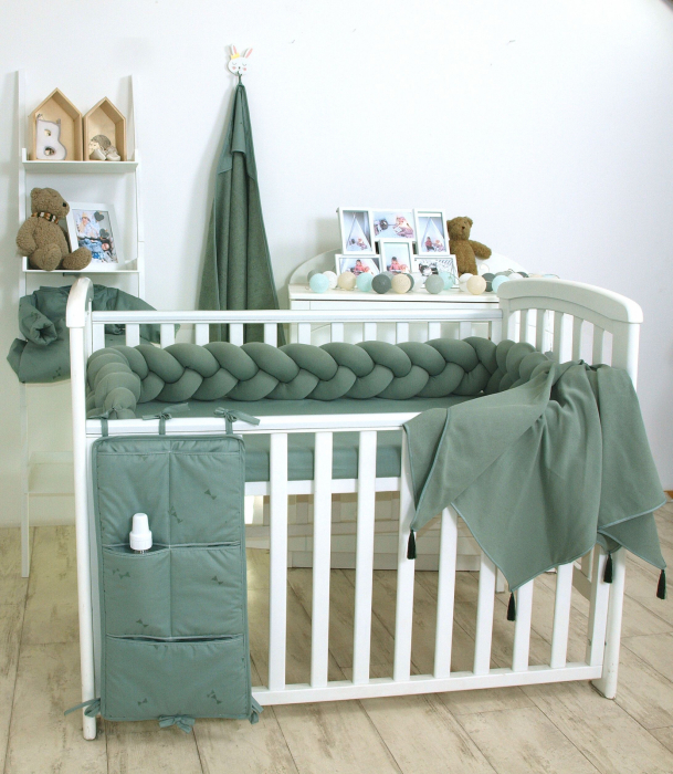 Aparatoare laterala pat Bumper impletit, Cu inchidere velcro, Bumbac Tricot Verde Salvia, 210x20 cm [4]