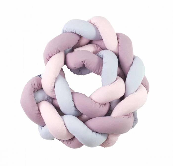 Aparatoare laterala pat Bumper impletit, Cu inchidere velcro, Bumbac Uni Gri - Lilac - Roz, 210X21 cm [3]