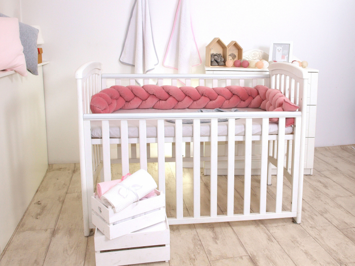 Aparatoare laterala pat Bumper impletit, Cu inchidere velcro, Bumbac Velvet Roz, 210x21 cm [4]