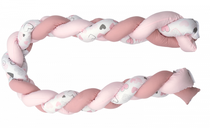 Aparatoare laterala pat Bumper impletit, inchidere velcro, Bumbac Inimioare roz, 210X21 cm [3]