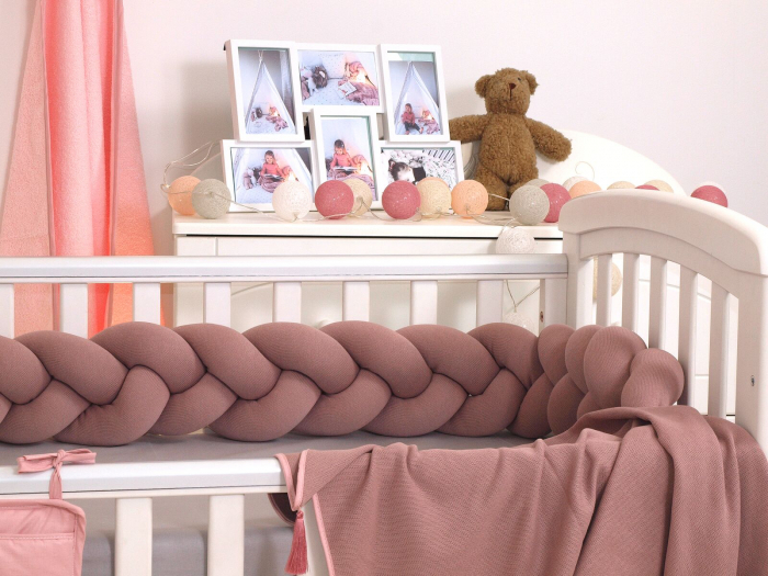 Aparatoare laterala pat Bumper impletit - inchidere velcro, Bumbac Tricot Rose, 210x21 cm [3]