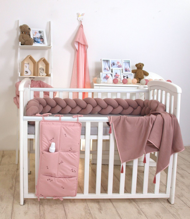 Aparatoare laterala pat Bumper impletit - inchidere velcro, Bumbac Tricot Rose, 210x21 cm [4]