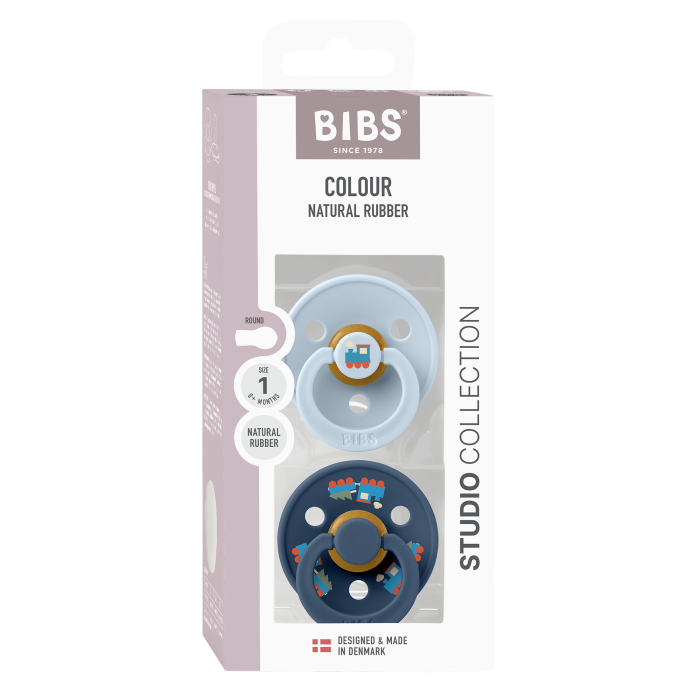 BIBS - Set 2 suzete Colour Studio Collection Holiday Train Steel, tetina rotunda, 0 luni+, Baby Blue [2]