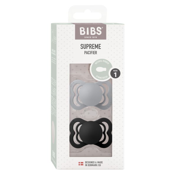 BIBS - Set 2 suzete Supreme Latex, tetina simetrica, 0 luni +  CLOUD/BLACK [2]