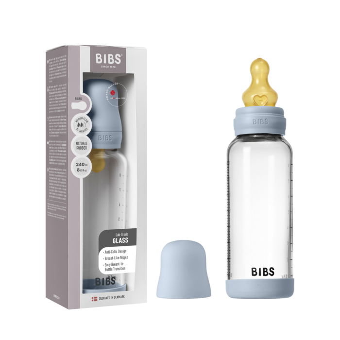BIBS - Set complet biberon din sticla anticolici cu tetina din latex, flux mediu, 240 ml, Baby Blue [5]