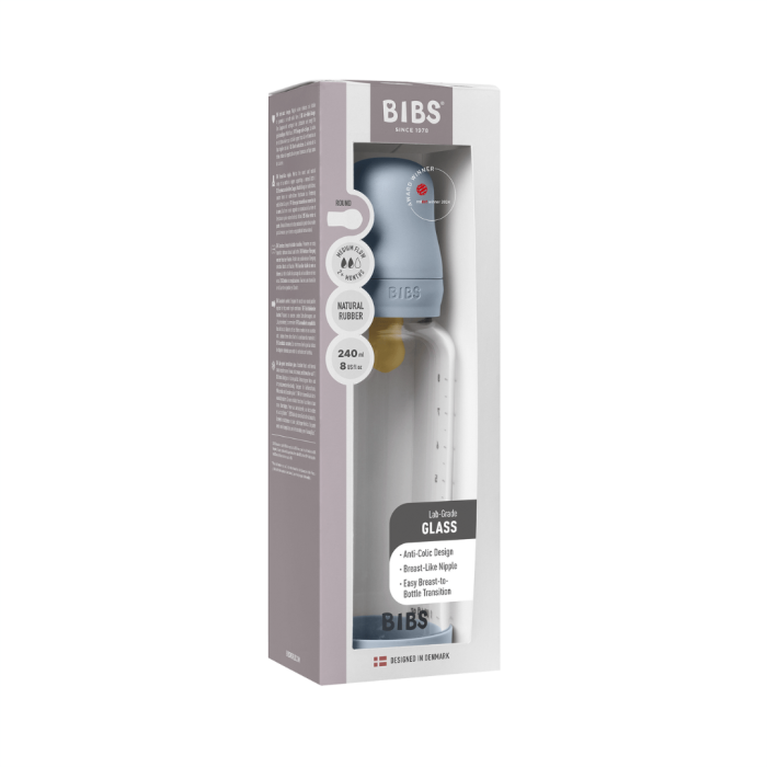 BIBS - Set complet biberon din sticla anticolici cu tetina din latex, flux mediu, 240 ml, Baby Blue [2]