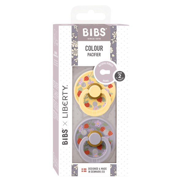 BIBS x LIBERTY - Set 2 suzete Colour Strawberries and Cream Latex, tetina rotunda, 6 luni+ Pale Butter/Fossil Grey [2]