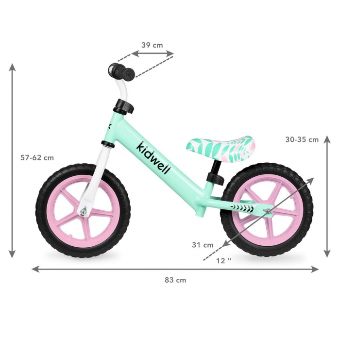 Bicicleta de echilibru fara pedale pentru copii, reglabila si roti late Eva de 12", Rebel Mint, Kidwell [5]