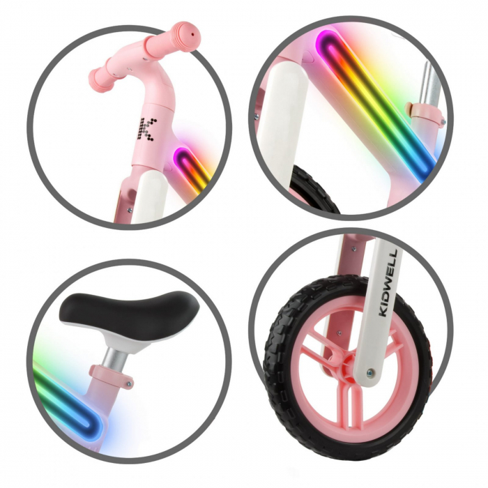 Bicicleta de echilibru fara pedale pentru copii, sa reglabila, cu lumini LED, roti Eva, 2 ani+, Suno Pink, Kidwell [5]