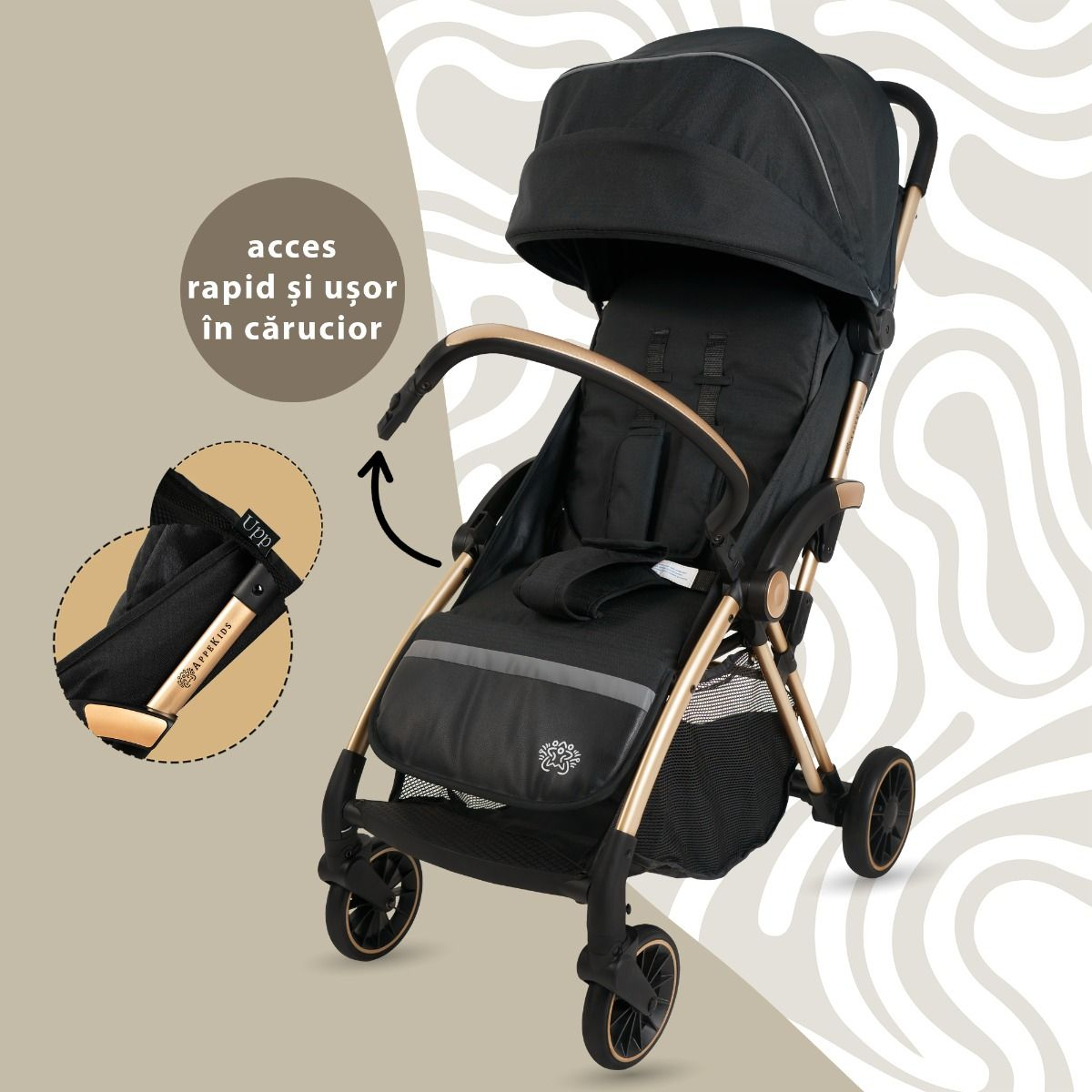 Carucior Sport AppeKids – Upp – Ultracompact, Pliere automata, De la nastere la 22kg - Jet Black [5]