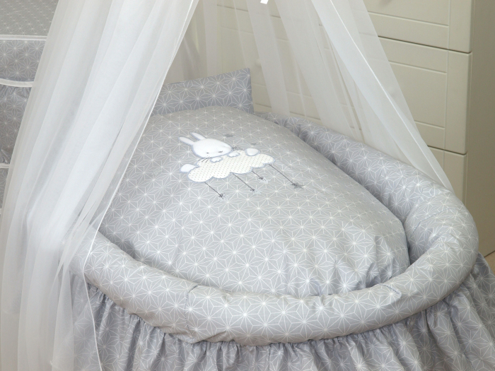 Cos bebe cu suport pe roti, saltea, lenjerie si baldachin, Sky Bunny Gri [2]