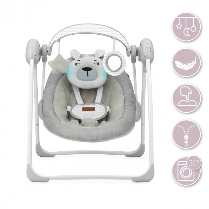 Leagan pentru bebelusi, MoMi LISS Bear, Gri/Turcoaz, 5 viteze de balansare, Cronometru, Alimentare baterii, 8 melodii, 2 jucarii incluse, Centura in 5 puncte [5]