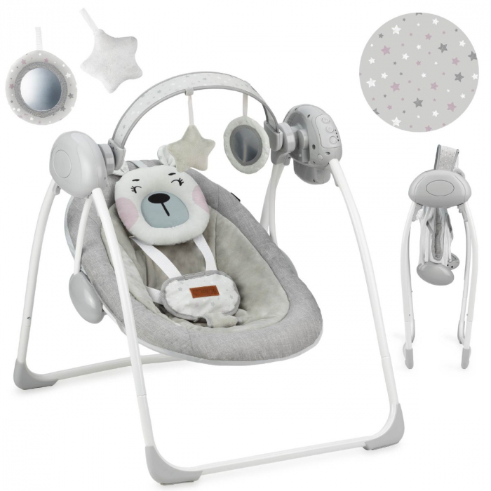 Leagan pentru bebelusi, MoMi LISS Bear Pink, 5 viteze de balansare, Cronometru, Alimentare baterii, 8 melodii, 2 jucarii incluse, Centura in 5 puncte [3]