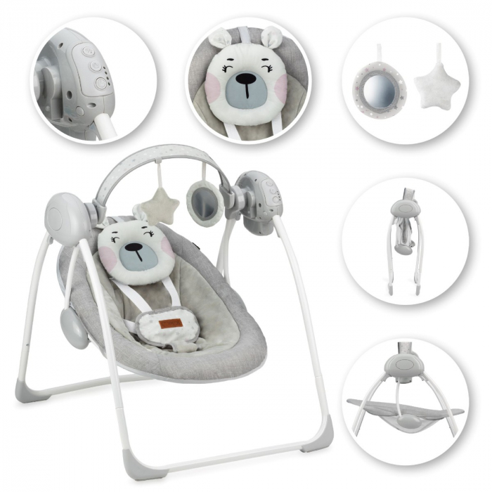 Leagan pentru bebelusi, MoMi LISS Bear Pink, 5 viteze de balansare, Cronometru, Alimentare baterii, 8 melodii, 2 jucarii incluse, Centura in 5 puncte [5]