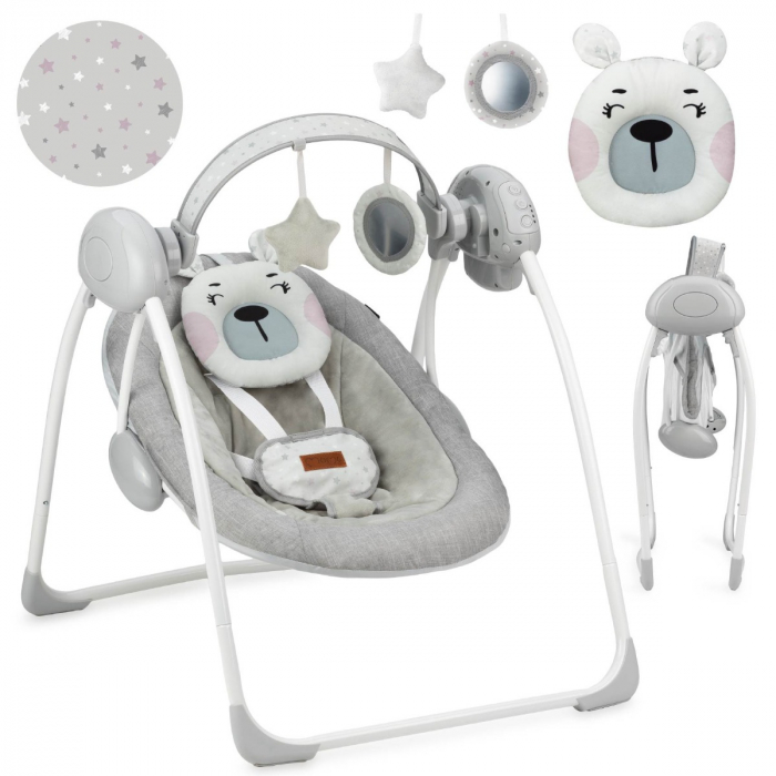 Leagan pentru bebelusi, MoMi LISS Bear Pink, 5 viteze de balansare, Cronometru, Alimentare baterii, 8 melodii, 2 jucarii incluse, Centura in 5 puncte [2]