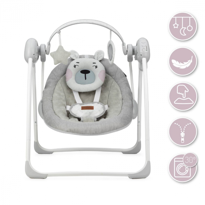 Leagan pentru bebelusi, MoMi LISS Bear Pink, 5 viteze de balansare, Cronometru, Alimentare baterii, 8 melodii, 2 jucarii incluse, Centura in 5 puncte [4]