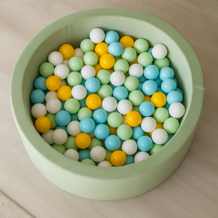 MeowBaby® Velvet Sage Olive – Piscină rotundă cu 200 bile: Verde deschis, Baby Blue, Alb, Galben [2]