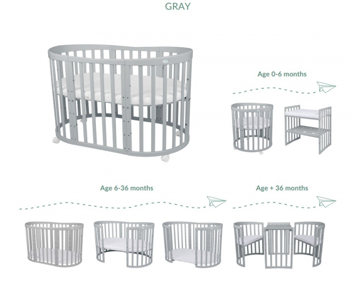 Patut Oval evolutiv din lemn 9 in 1 cu saltea -Grey -ce poate fi utilizat pana la 10 ani [10]