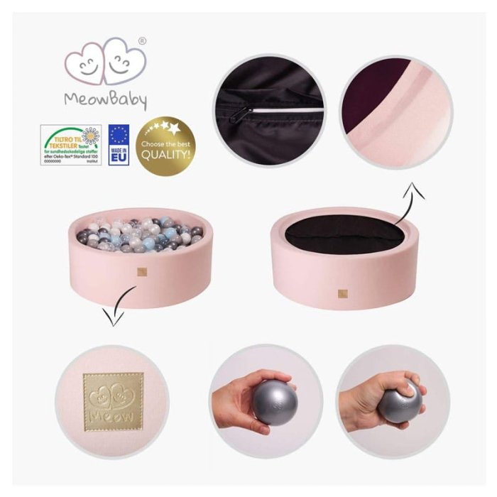 Piscina uscata cu 200 de bile (Transparent, Roz pastel, Alb perlat, Gri) MeowBaby®, 90x30 cm, Catifea Ecru [3]