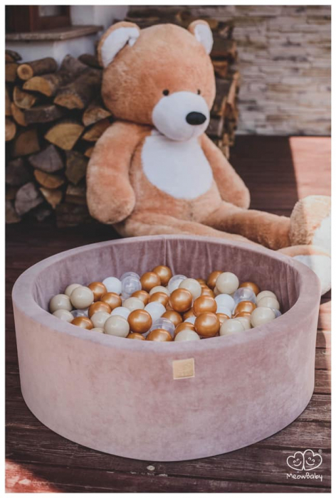 Piscina uscata cu 250 de bile (Auriu, Alb, Transparent, Bej ) MeowBaby  , Teddy Bear, 90x30 cm, Catifea Bej [6]