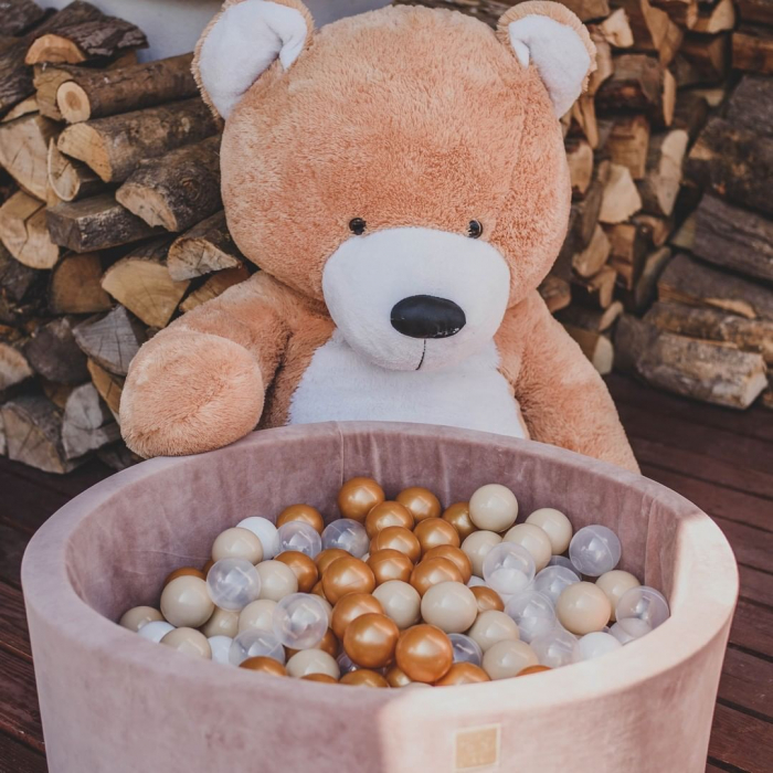 Piscina uscata cu 250 de bile (Auriu, Alb, Transparent, Bej ) MeowBaby  , Teddy Bear, 90x30 cm, Catifea Bej [7]