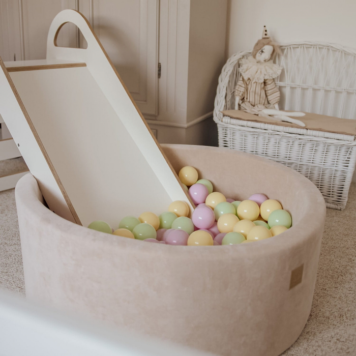 Piscina uscata cu 250 de bile (Pastel Roz si Galben, verde deschis) MeowBaby  , Spring, 90x30 cm, Catifea Ecru [4]