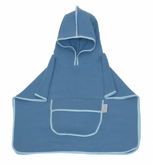 Prosop din bumbac muselina cu gluga si buzunar pentru bebelusi si copii, Poncho, Blue, 60x65 cm [2]