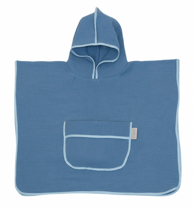 Prosop din bumbac muselina cu gluga si buzunar pentru bebelusi si copii, Poncho, Blue, 60x65 cm [3]