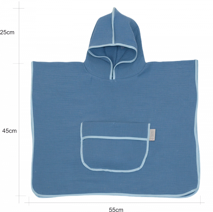 Prosop din bumbac muselina cu gluga si buzunar pentru bebelusi si copii, Poncho, Blue, 60x65 cm [5]