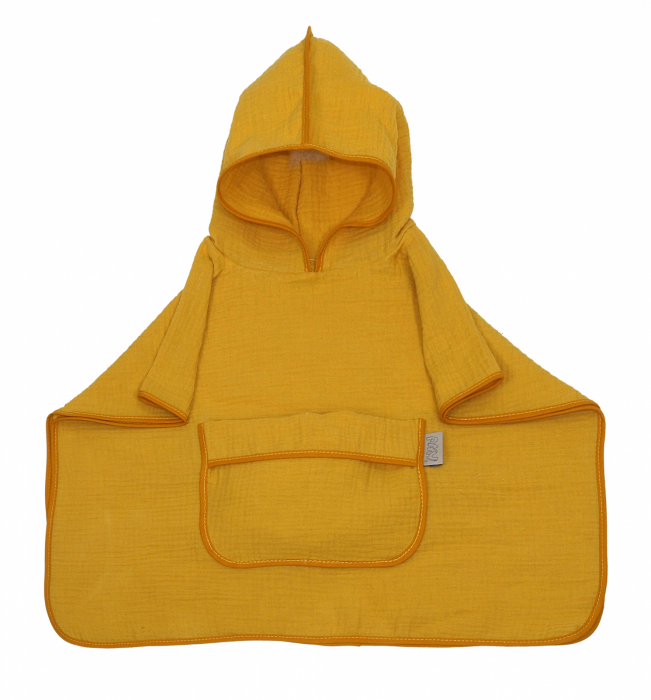 Prosop din bumbac muselina cu gluga si buzunar pentru bebelusi si copii, Poncho, Galben, 60x65 cm [2]