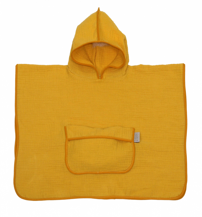 Prosop din bumbac muselina cu gluga si buzunar pentru bebelusi si copii, Poncho, Galben, 60x65 cm [3]