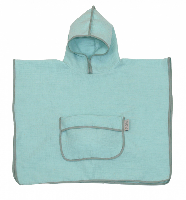 Prosop din bumbac muselina cu gluga si buzunar pentru bebelusi si copii, Poncho, Mint, 60x65 cm [3]