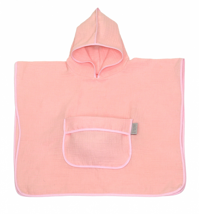 Prosop din bumbac muselina cu gluga si buzunar pentru bebelusi si copii, Poncho, Rose, 60x65 cm [3]