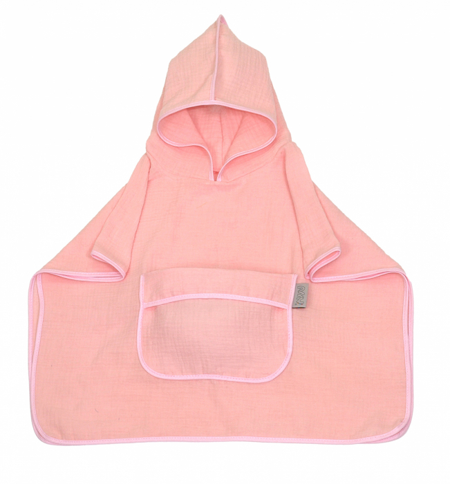 Prosop din bumbac muselina cu gluga si buzunar pentru bebelusi si copii, Poncho, Rose, 60x65 cm [2]