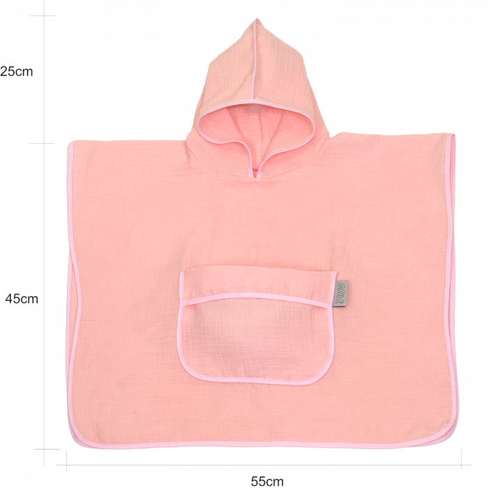 Prosop din bumbac muselina cu gluga si buzunar pentru bebelusi si copii, Poncho, Rose, 60x65 cm [5]