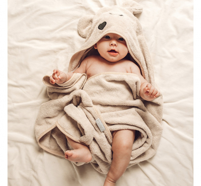 Prosop din fibra de bambus cu gluga pentru bebelusi si copii, Teddy Beige, marimea S 85x90cm [2]