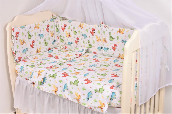 Set complet lenjerie si aparatori patut 120x60 cm model dinozauri [2]