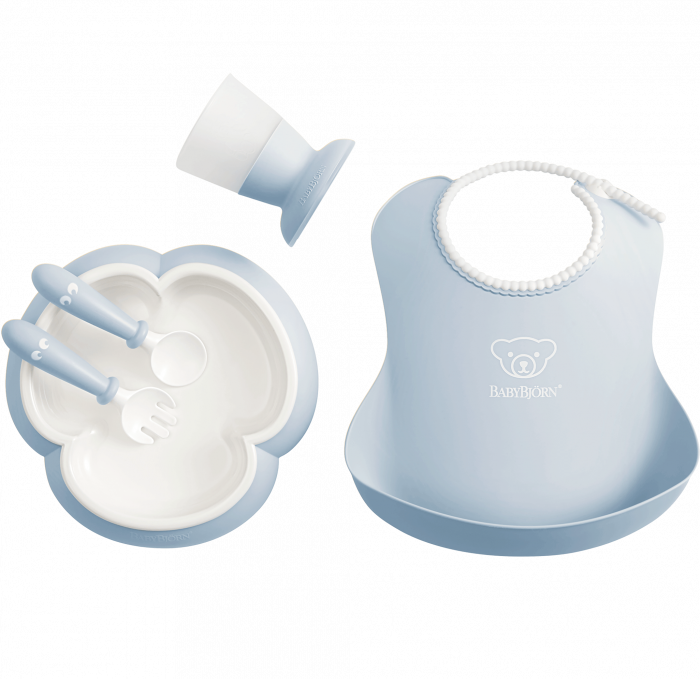 Set hranire: farfurie, lingurita, furculita, pahar si bavetica pentru bebe, Powder Blue [4]