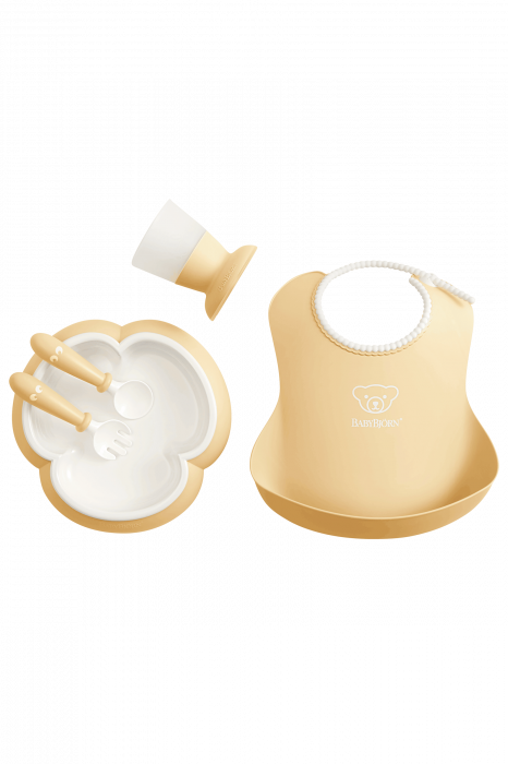 Set hranire: farfurie, lingurita, furculita, pahar si bavetica pentru bebe, Powder Yellow [2]