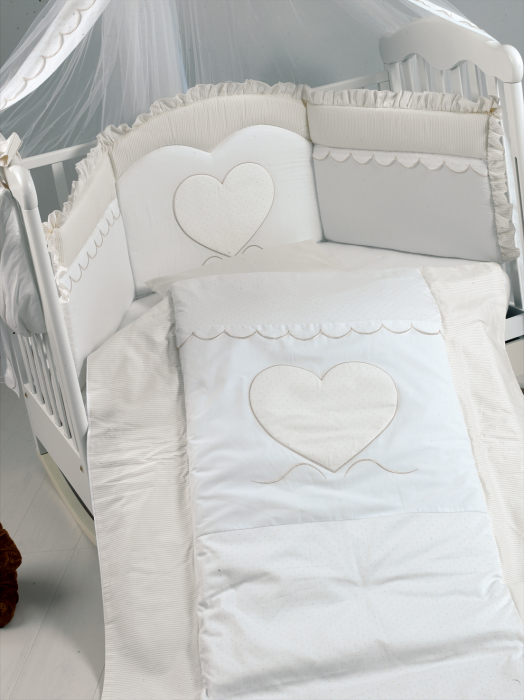 Set Lenjerie de lux din bumbac cu broderie, protectie laterala, pilota, pentru pat bebelusi, Cuore di Mamma Bej, Italia [2]