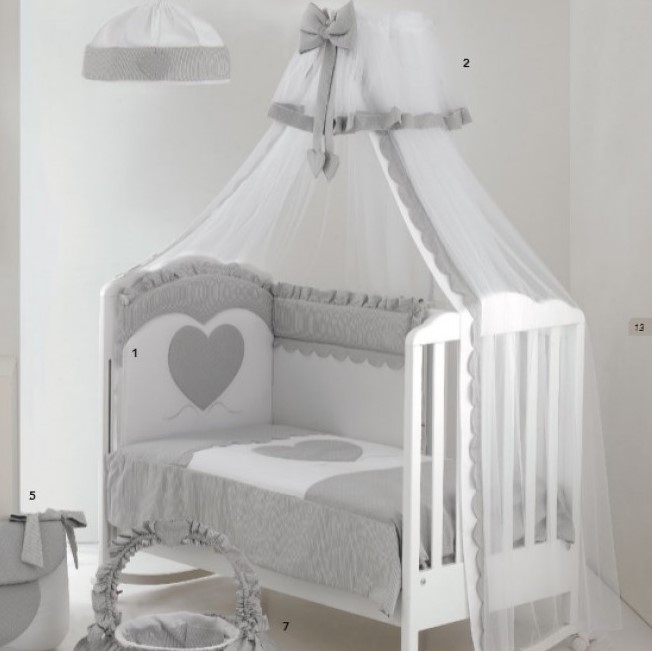 Set Lenjerie de lux din bumbac cu broderie, protectie laterala, pilota, pentru pat bebelusi, Cuore di Mamma Gri, Italia [4]