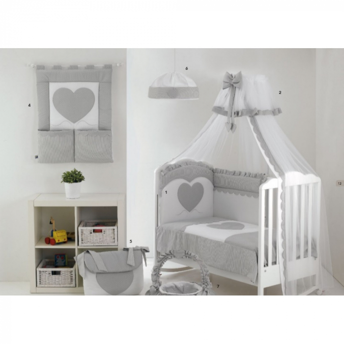 Set Lenjerie de lux din bumbac cu broderie, protectie laterala, pilota, pentru pat bebelusi, Cuore di Mamma Gri, Italia [5]