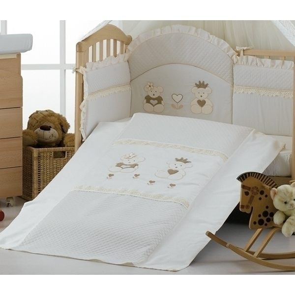 Set Lenjerie de lux din bumbac cu broderie, protectie laterala, pilota, pentru pat bebelusi, Real Bears Ivory, Italia [2]