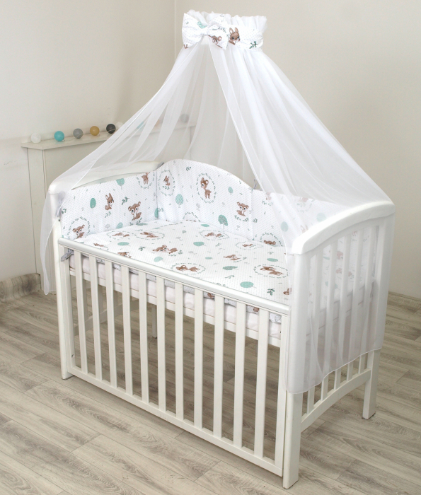 Set lenjerie din bumbac cu protectie laterala pentru pat bebe 120 x 60 cm, Caprioara mica, Amy [2]