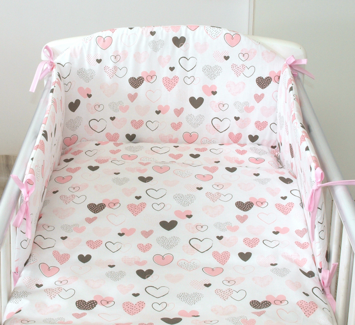 Set lenjerie din bumbac cu protectie laterala pentru pat bebe 120 x 60 cm, Inimioare , Amy [1]