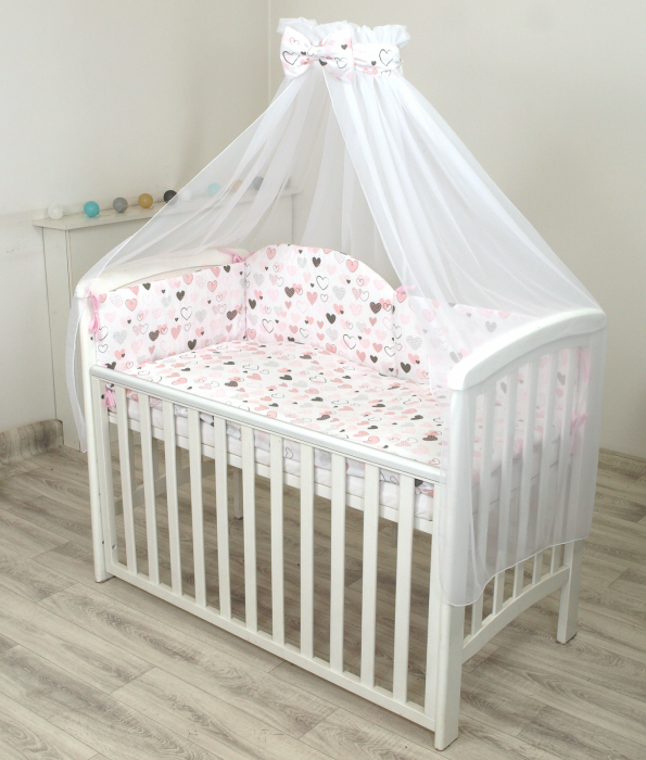 Set lenjerie din bumbac cu protectie laterala pentru pat bebe 120 x 60 cm, Inimioare , Amy [2]