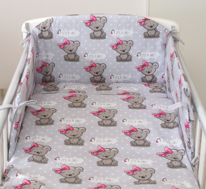 Set lenjerie din bumbac cu protectie laterala pentru pat bebe 120 x 60 cm, It s a girl! , Amy [1]