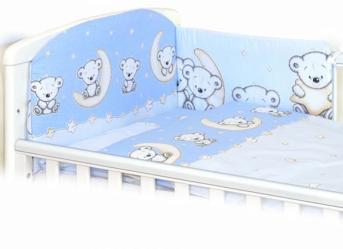Set lenjerie din bumbac cu protectie laterala pentru pat bebe 120 x 60 cm, Ursulet pe luna Albastru, Amy [4]