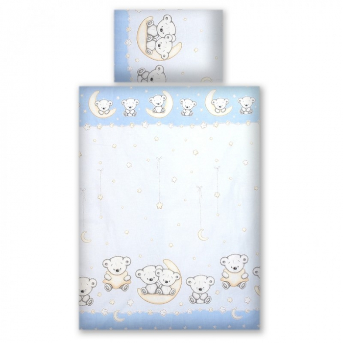 Set lenjerie din bumbac cu protectie laterala pentru pat bebe 120 x 60 cm, Ursulet pe luna Albastru, Amy [2]